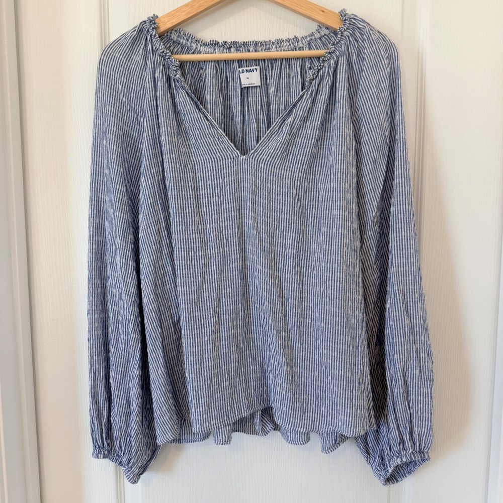 Old Navy Blue White Striped Ruffle V-Neck Balloon Sleeve Peasant Blouse XL Boho